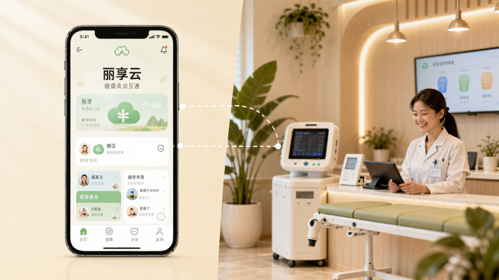 画面展示一个线上与线下结合的健康服务场景,左侧是手机屏幕显示“丽享云”应用界面,右侧是温馨的健康体验馆内景,有绿植、检测设备和微笑的服务人员。布局采用左右对比的拼接构图,风格温暖亲和,色彩以暖白和浅绿为主,细节上手机与体验馆之间有虚线连接表示线上线下互通,画质高清,无杂乱元素。