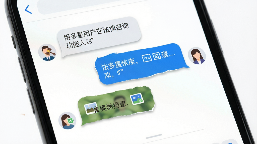 法多星在线法律咨询功能特写,主体为手机屏幕内展示聊天式问答界面,左侧为用户发送的文字与图片气泡,右侧为法律顾问回复内容,布局居中,风格扁平化UI设计,细节上气泡有轻微阴影,背景为干净的白色,画面清晰,干净,无多余元素
