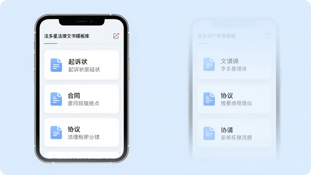 法多星法律文书模板库界面,主体为手机屏幕展示文书分类列表,包含起诉状、合同、协议等条目,布局采用卡片式排列,风格简约清新,细节上每张卡片带有文件图标与简短说明,背景为干净的浅蓝色,画面清晰,干净,无多余元素