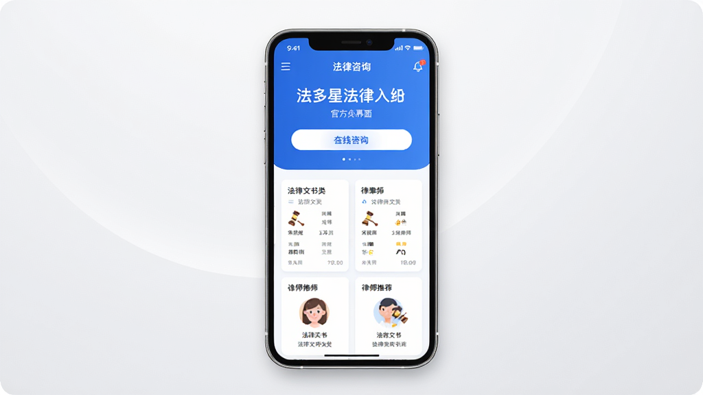 法多星法律咨询APP官方主界面展示,主体为一部竖向放置的智能手机,屏幕内呈现蓝色与白色为主调的法律咨询服务首页,包含在线咨询入口、法律文书分类与律师推荐卡片,布局居中对称,风格简洁现代商务,细节上手机边缘有轻微光影,背景为干净的浅灰渐变,画面清晰,干净,无多余元素