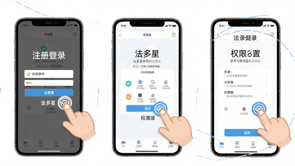 法多星新手操作指引示意图,主体为手机屏幕展示注册登录与权限设置步骤,布局为三格分步展示,风格简洁明快,细节上每格配有手指点击图标与文字标注,背景为干净的白色,画面清晰,干净,无多余元素
