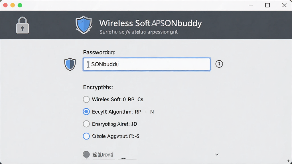 一张展示无线软AP(SONbuddy)安全加密设置的AI生图,主体是软件设置界面中的密码输入框和加密选项,布局居中,排版清晰,风格为商务简约风,细节包含锁形图标、盾牌标志、加密算法文字,画质高清,干净,无多余元素