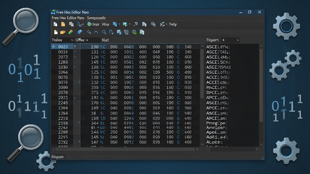 一张展示Free Hex Editor Neo软件主界面的全景图,画面中央是深色主题的十六进制编辑窗口,左侧显示文件偏移地址列,中间是十六进制字节数据区,右侧是ASCII字符对照区,顶部菜单栏和工具栏清晰可见,界面周围散布着放大镜、二进制代码符号、齿轮图标等元素,整体采用科技蓝与深灰配色,风格写实细腻,画质清晰干净,无多余元素