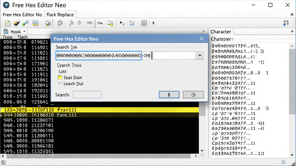 一张展示Free Hex Editor Neo查找替换功能的特写图,画面中软件窗口内打开了一个二进制文件,查找对话框悬浮在界面上方,输入框中显示十六进制字节序列,搜索结果以高亮黄色标记显示在数据区,右侧字符区同步呈现可读文本,界面风格简洁专业,画质清晰,干净无多余元素