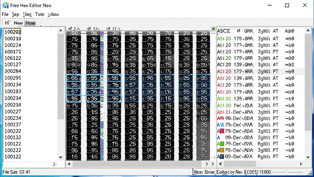 一张展示Free Hex Editor Neo在Windows电脑上运行的场景图,画面中软件窗口占据屏幕中央,左侧显示文件偏移地址,中间十六进制数据区有部分字节被高亮选中,右侧ASCII区域同步显示,底部状态栏显示文件大小和光标位置,整体界面干净整洁,风格写实,画质清晰,无多余元素