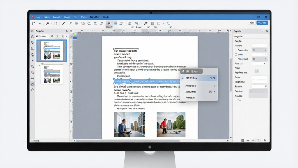 һ��չʾPDF Editor���������ȫ��ͼ������Ϊ������Ļ�ϴ򿪵�PDF�༭���ڣ����ֲ��þ��й�ͼ����Ļ������ʾһ�ݴ������ֺ�ͼƬ��PDF�ĵ����ڱ��༭����Χ�����Ź�����������ͼ�����������������Ű��������򣬷��Ϊ�ִ��Ƽ���UI��ƣ�ϸ�ڰ���������ͼ�ꡢ������ѡ���ı����򡢰�͸���ĸ����˵�������Ϊ4K�����壬����ɾ��޶���Ԫ�أ�����ɫ�������׻�Ϊ����ͻ��רҵ�칫������Χ