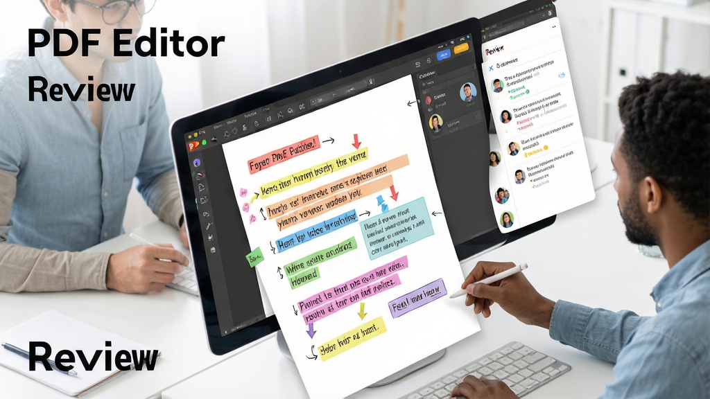 һ��չʾPDF Editorע��Э�����ܵĳ���ͼ������Ϊ����Χ��ͬһ��PDF�ĵ�����������ע�����ֲ���͸���ӽǣ���Ļ����ʾ������ɫ��ע�ͱ�Ǻ���ע���Ű�������£����Ϊ�ִ�Э���칫���ϸ�ڰ�����ͬ��ɫ�ĸ����ı���������������û�ͷ���ʶ������Ϊ4K������ɾ����������ְ���