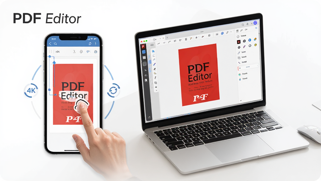 һ��չʾPDF Editor�ƶ�������Զ�Эͬʹ�õĳ���ͼ������Ϊһ���ֻ���һ̨�ʼǱ����Բ��Űڷţ���Ļ�϶���ʾ��PDF Editor�Ľ��棬���ֲ��öԽ��߹�ͼ���Ű����ֻ���Ļչʾ���ر༭��������Ļչʾ���������������Ϊ�ִ�����������ϸ�ڰ����豸���ͬ��ͼ�ꡢ��ָ���ض���������������������Ϊ4K������ɾ����࣬���ְ���
