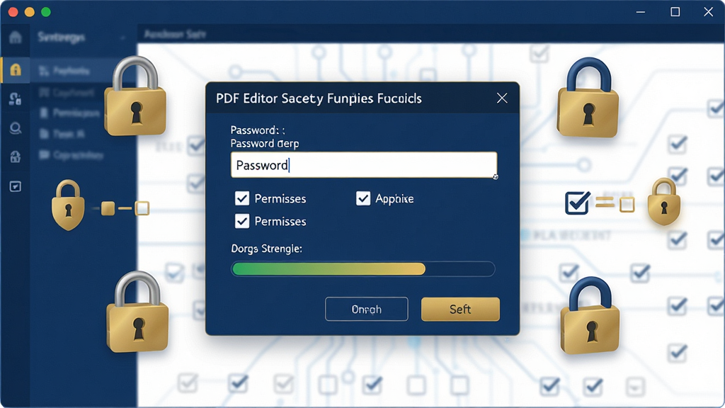 һ��չʾPDF Editor��ȫ���ܹ��ܵ�ʾ��ͼ������Ϊ���������е��������öԻ��򣬲��ֲ������ľ۽�����Χ����������ͼ���Ȩ�޹�ѡ��Ű������ˣ����Ϊ����ȫ���ϸ�ڰ������������Ȩ�޸�ѡ�򡢼���ǿ��ָʾ��������Ϊ���壬����ɾ��޶���Ԫ�أ�ɫ���������ͽ�ɫΪ�������ְ�ȫ�ɿ���
