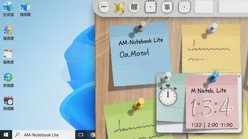 AM-Notebook Lite 桌面便签与提醒功能展示图,画面中桌面一角贴有彩色便签纸,便签上显示待办文字与时间标记,背景为简洁的 Windows 桌面,布局为右下角悬浮排版,风格写实清新,细节包含便签阴影、图钉元素、时间图标,画质清晰干净,无多余元素。