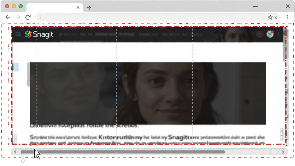 一张展示 Snagit 滚动截图功能的示意图,画面中一只鼠标指针正在向下拖动网页滚动条,网页内容被自动捕捉并拼接成一张长长的完整图片,图片边缘有红色虚线框选提示,背景为白色浏览器窗口,风格简洁直观,画质清晰