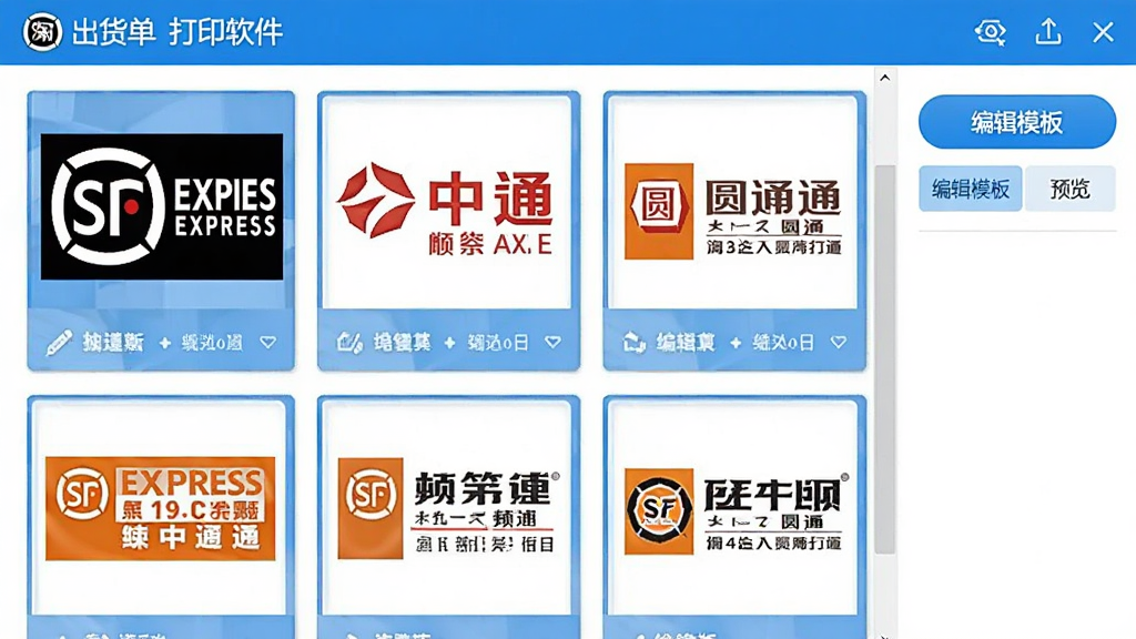 一张模板选择界面截图,淘宝快递单出货单打印软件中展示多个快递单模板缩略图,包括顺丰、中通、圆通等样式,右侧有“编辑模板”和“预览”按钮,界面配色以蓝色和白色为主,风格简洁,画质清晰,无多余元素