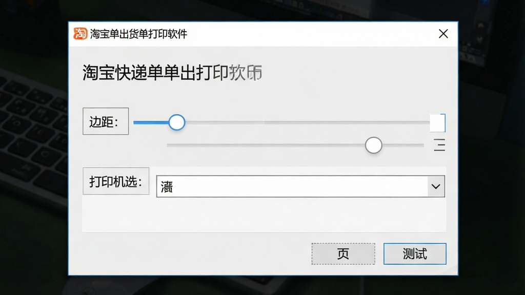 一张电脑屏幕截图,展示淘宝快递单出货单打印软件的打印设置窗口,包含边距调整滑块、打印机选择下拉框和测试页按钮,界面风格为浅灰色商务,文字清晰,画质干净,无多余元素