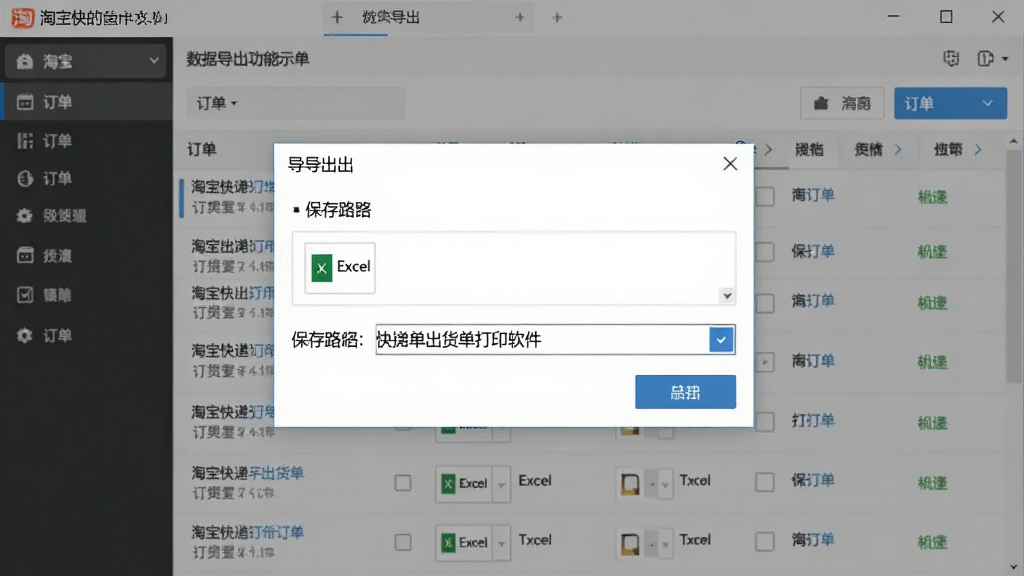 一张数据导出功能示意图,淘宝快递单出货单打印软件界面中弹出导出对话框,可选择Excel格式和保存路径,背景显示订单列表,整体风格简洁实用,画质干净,无多余元素