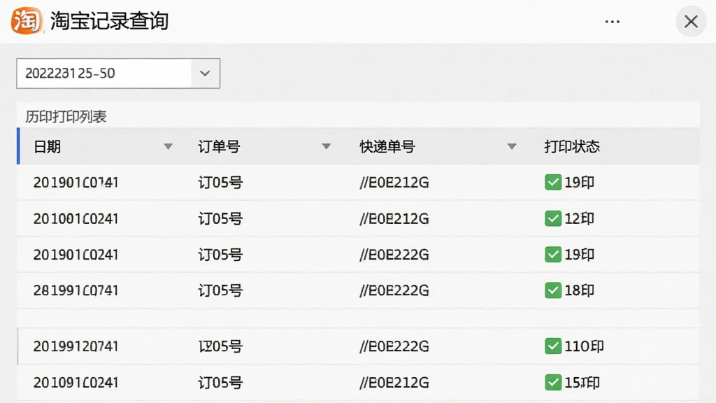 一张打印记录查询界面图,淘宝快递单出货单打印软件中显示历史打印列表,包含日期、订单号、快递单号、打印状态等列,顶部有日期筛选框,界面风格为浅色商务,画质清晰,无多余元素