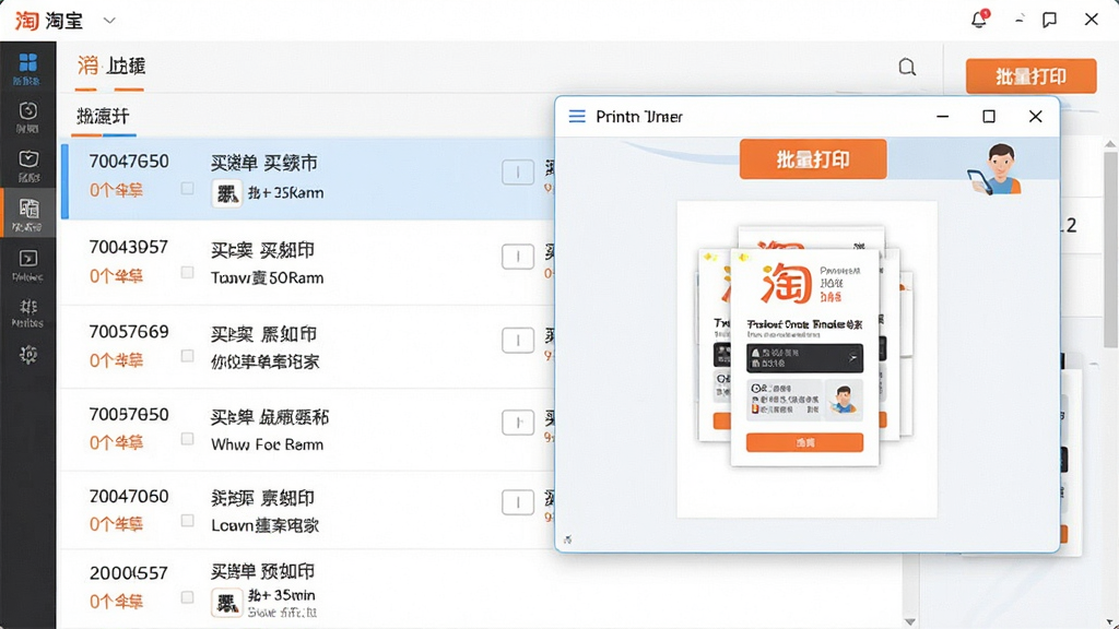 一张软件功能展示图,画面中淘宝快递单出货单打印软件正在批量加载订单,左侧列表显示多个订单号与买家信息,右侧弹出打印预览窗口,界面顶部有“批量打印”按钮,整体布局清晰,风格为扁平化设计,画质干净,无多余元素