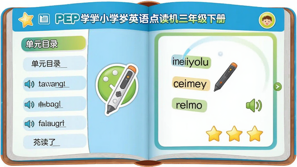 一款名为“PEP小学英语点读机三年级下册”的英语学习软件界面展示,主体为翻开的电子课本与点读笔图标,布局左侧为单元目录,右侧为点读互动区域,排版清晰有序,风格为卡通教育风,细节包含单词高亮、发音喇叭按钮、评分星星,画质高清,干净,无多余元素