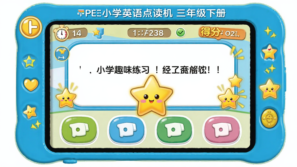 展示“PEP小学英语点读机三年级下册”的趣味练习与测试模块,主体为答题界面与卡通奖励星星,布局上方为题目,下方为选项按钮,排版活泼,风格为儿童游戏化学习风,细节包含计时器、得分、动画效果,画质高清,干净,无多余元素