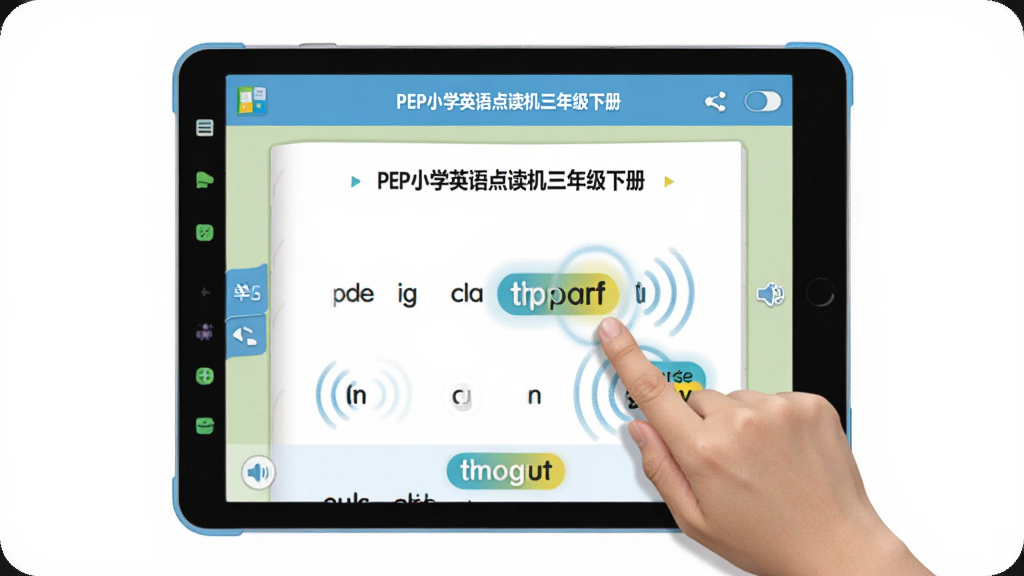 在平板电脑上展示“PEP小学英语点读机三年级下册”的教材同步点读功能,主体为电子课本页面与手指点击单词的动作,布局中间为课本内容,四周为功能按钮,排版简洁,风格为现代教育科技风,细节包含发音波纹、高亮单词、单元切换标签,画质清晰,干净,无多余元素