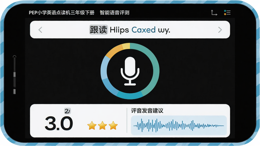 展示“PEP小学英语点读机三年级下册”的智能语音评测界面,主体为麦克风图标与评分环形图,布局上方为跟读句子,下方为评分结果和发音建议,排版直观,风格为清新学习风,细节包含分数数字、星级评价、发音波形,画质高清,干净,无多余元素