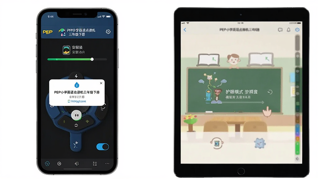 “PEP小学英语点读机三年级下册”在手机与平板上的使用场景对比图,主体为两部设备分别展示移动端和模拟器界面,布局左右并排,排版整齐,风格为科技产品展示风,细节包含安装进度条、权限弹窗、护眼模式开关,画质高清,干净,无多余元素