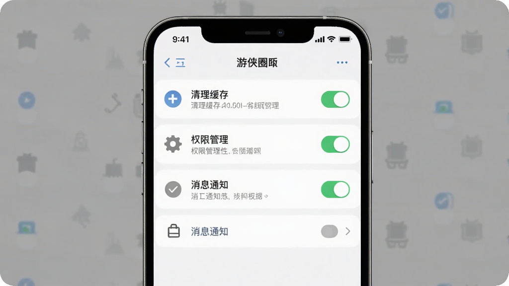 游侠圈APP设置界面,手机屏幕显示清理缓存、权限管理、消息通知等选项,布局为列表式,风格为素雅极简,细节有开关按钮和图标,画质清晰,干净无多余元素