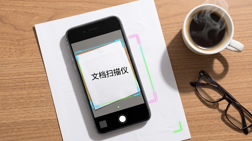 一部手机俯拍桌面上的白色A4纸,手机屏幕中显示文档扫描仪正在用亮色线条框选纸张边缘,桌面为木纹材质,旁边放着一杯咖啡和一副眼镜,布局采用俯视角度,风格为明亮商务风,细节包括屏幕上的识别框、纸张阴影、咖啡热气,画面中文字标注“文档扫描仪”,画质清晰,干净,无多余元素