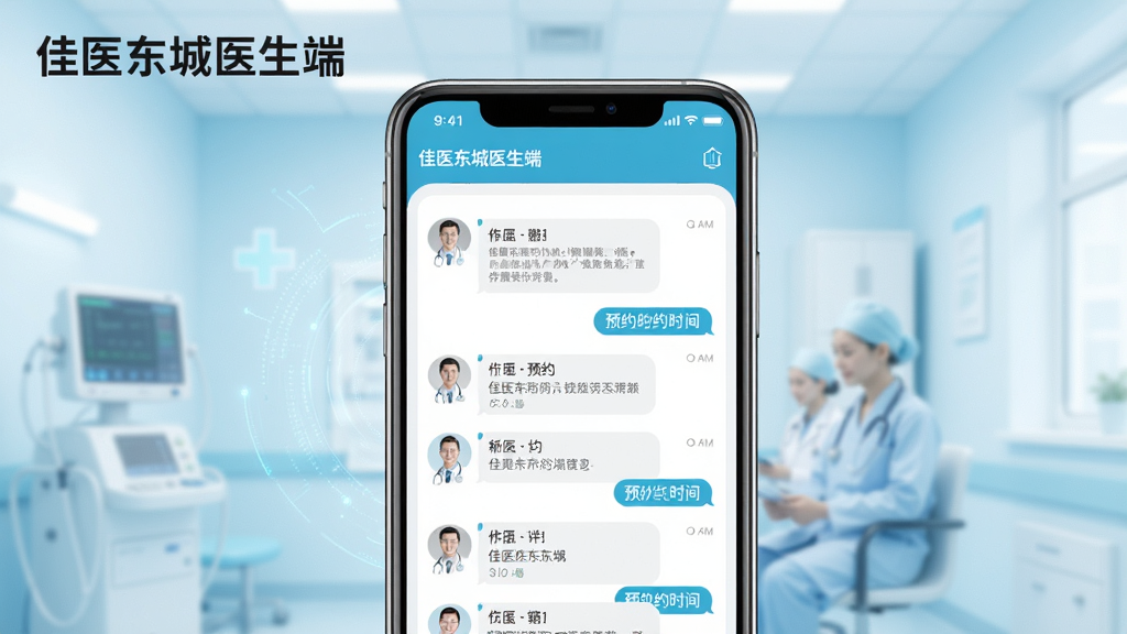 画面中央展示一部智能手机,手机屏幕内呈现佳医东城医生端的问诊列表界面,左上角有佳医东城医生端文字标识,背景为干净的浅蓝色医疗风格,主体突出手机和软件界面,布局采用居中构图,排版简洁明了,风格为写实科技风,细节包括医生头像、消息气泡、预约时间标签,画质高清,画面干净,无多余元素