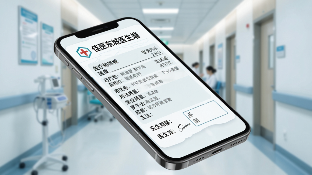 画面展示一张虚拟电子处方单悬浮在手机屏幕上方,处方单上有佳医东城医生端字样,背景为医院走廊虚化场景,主体为手机与处方单,布局采用斜角透视,排版突出处方内容区域,风格为医疗专业风,细节包括药名、用法用量、医生签名栏,画质细腻,画面干净整洁