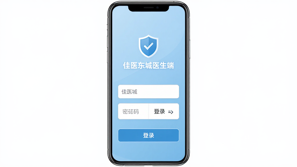 手机屏幕显示佳医东城医生端登录界面,背景为淡蓝色渐变,屏幕下方有账号密码输入框和登录按钮,画面布局为手机正面居中,排版突出登录区域,风格为简洁医疗风,细节包括盾牌安全图标、佳医东城医生端文字,画质清晰,无多余装饰