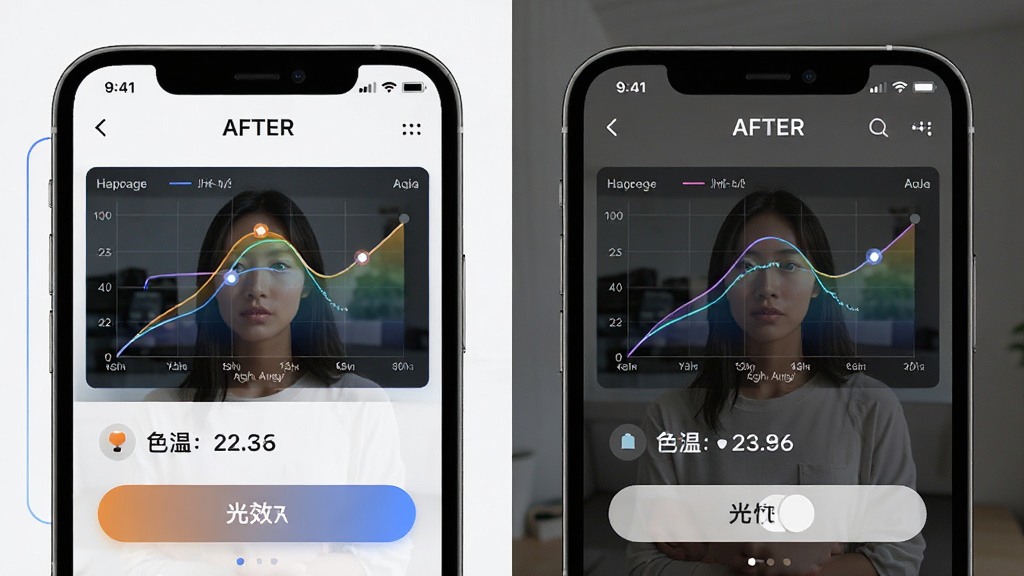 DearAura智能光影识别功能展示,主体为手机屏幕中显示同一场景在开启光影识别前后的对比效果,布局采用左右分屏对比排版,风格为科技感与写实摄影结合,细节包括界面上的光线分析曲线图、色温数值标识、光效切换按钮,画质清晰干净,无多余元素