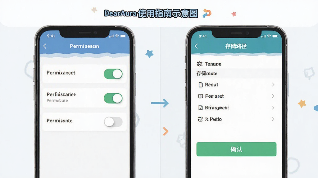 DearAura使用指南示意图,主体为手机屏幕中显示权限设置页面与存储路径选择界面,布局采用上下分栏排版,风格为简洁教程风格与扁平化设计结合,细节包括权限开关按钮、存储路径列表、确认按钮,画质清晰干净,无多余元素