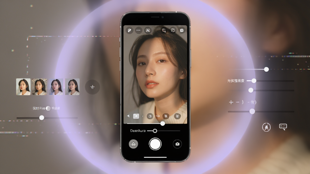 软件DearAura主界面展示,主体为手机屏幕中呈现的柔和光影人像照片,布局采用居中对称构图,排版上屏幕周围环绕淡紫色光晕与胶片颗粒元素,风格为现代极简科技感与温暖文艺风结合,细节包括界面上的实时滤镜预览条、光线强度滑杆、拍摄按钮与氛围参数图标,画质清晰干净,无多余元素
