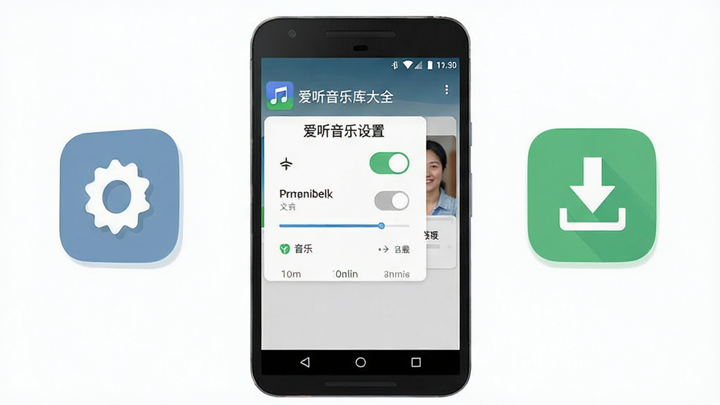 一幅表现手机音乐软件安装与使用教程的AI生图,主体是一部安卓手机展示着权限设置界面和音乐下载进度页面,布局为手机居中、左右两侧分别展示设置图标和下载完成图标,排版清晰,风格为扁平化教程插画风,细节包含权限开关按钮、进度条、