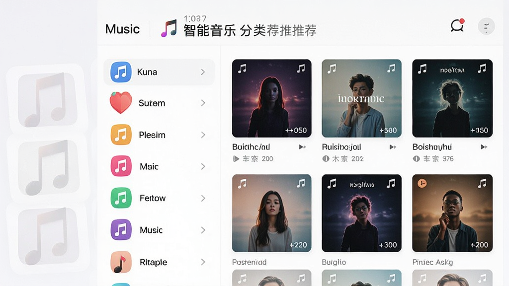 一幅表现智能音乐分类推荐功能的AI生图,主体是一个音乐APP界面展示着多个音乐分类标签和推荐歌单,布局为界面居中展示、左侧为分类标签栏、右侧为歌单封面网格,排版整齐有序,风格为清新简约的移动端UI风格,细节包含彩色分类图标、歌曲封面、播放次数标注,画质高清,画面干净,无多余元素。