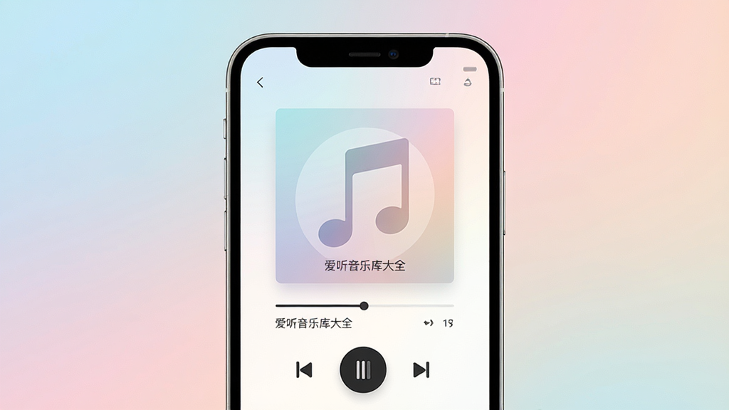 一幅表现轻量无广告音乐软件体验的AI生图,主体是一部手机显示着干净简洁的音乐播放界面,布局为手机居中、背景为柔和的渐变色,排版简约,风格为极简主义设计,细节包含播放控制按钮、进度条、歌曲信息文字