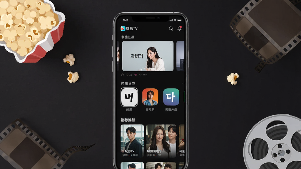 一张展示韩剧TV极简版应用界面的手机样机图,画面中央是一部现代智能手机,屏幕上显示着韩剧TV极简版的主页界面,包含轮播图、剧集分类图标和推荐剧集列表,背景为深色模式,周围点缀着爆米花和电影胶卷元素,整体风格简洁明快,采用扁平化设计,画质清晰,细节丰富,画面干净,无多余元素