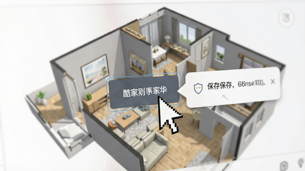 酷家乐新手操作界面局部特写,画面中鼠标指针正悬停在渲染按钮上,旁边弹出保存提示气泡,界面背景为浅色三维户型,风格简洁明了,细节清晰可见,4K画质,无杂乱元素