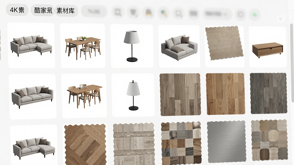 酷家乐素材库界面特写,画面中整齐排列着各类家具模型缩略图与材质贴图,包含沙发、餐桌、灯具、地板纹理等,分类标签清晰可见,风格清新明亮,布局规整,细节锐利,4K画质,无多余装饰
