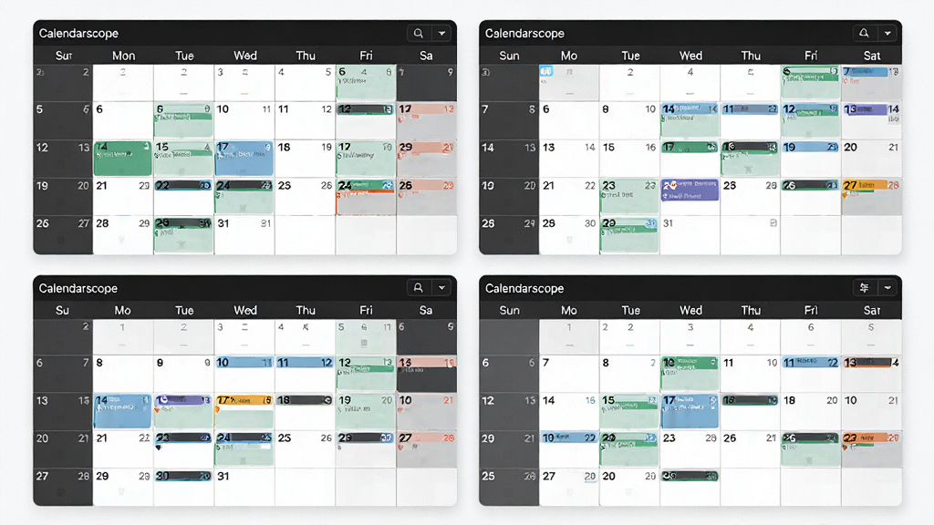 Calendarscope 多视图切换界面,主体为四个并排的日历视图窗口,布局呈田字格排列,排版清晰,风格现代简约,细节展示日、周、月、年不同视图的网格与事件色块,画质清晰,干净,无多余元素