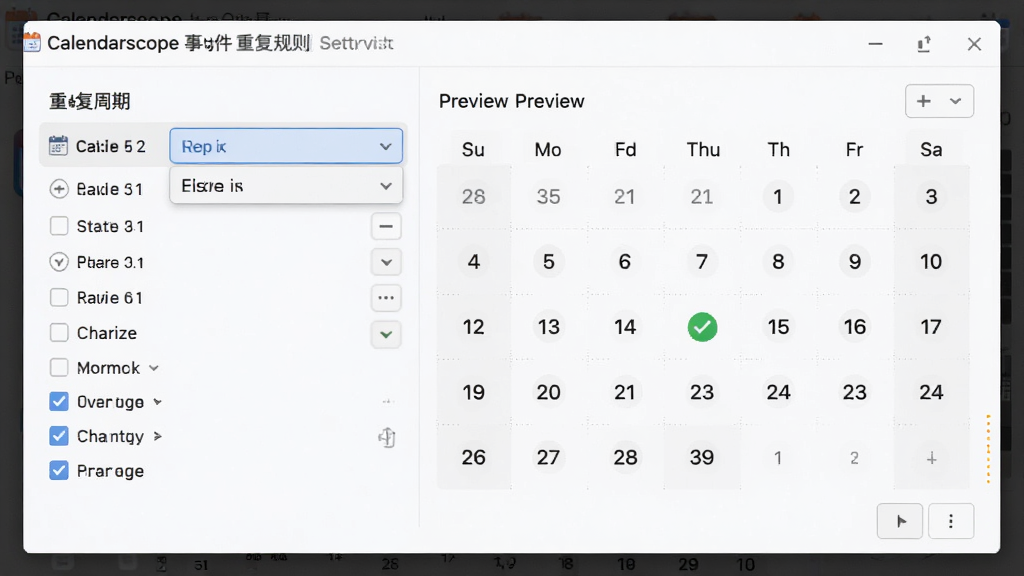 Calendarscope 事件重复规则设置界面,主体为弹窗式设置面板,布局左侧为重复周期选项右侧为预览日历,排版规整,风格专业简洁,细节展示下拉菜单与复选框状态,画质清晰,干净,无多余元素