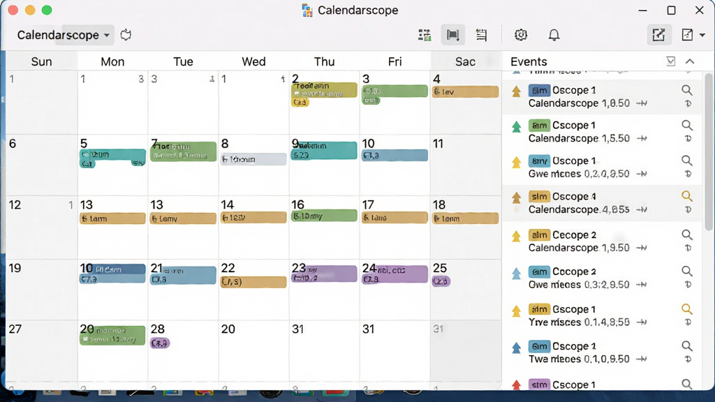 Calendarscope 软件主界面截图,主体为桌面日历窗口,布局包含月视图网格与右侧事件列表,排版整齐,风格简约商务,细节展示彩色事件标签与提醒图标,画质清晰,干净,无多余元素