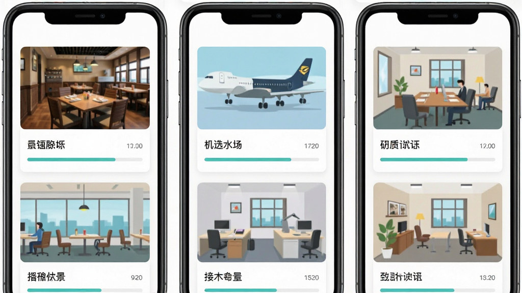 场景学APP内展示多个真实场景模拟界面,主体为手机屏幕中排列着餐厅、机场、办公室等场景缩略图,布局为网格状排版,风格为清新明快的扁平化设计,细节包括场景名称标签和进度条,画质清晰,干净,无多余元素