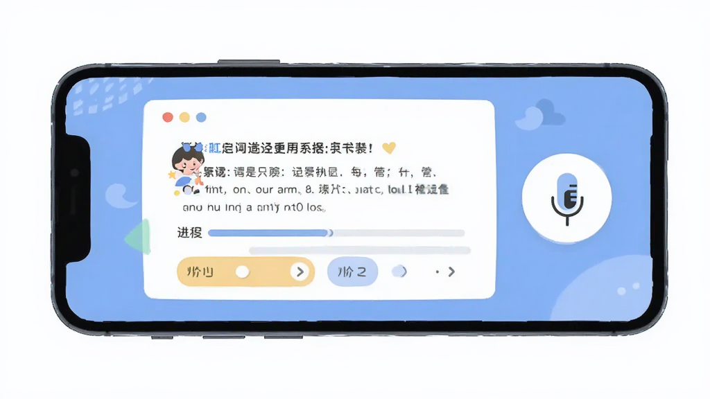 场景学APP新手引导页面,主体为手机屏幕显示水平测试题目和麦克风图标,布局为居中排版,风格为简洁友好的插画风,细节包括进度条和选项按钮,画质清晰,干净,无多余元素