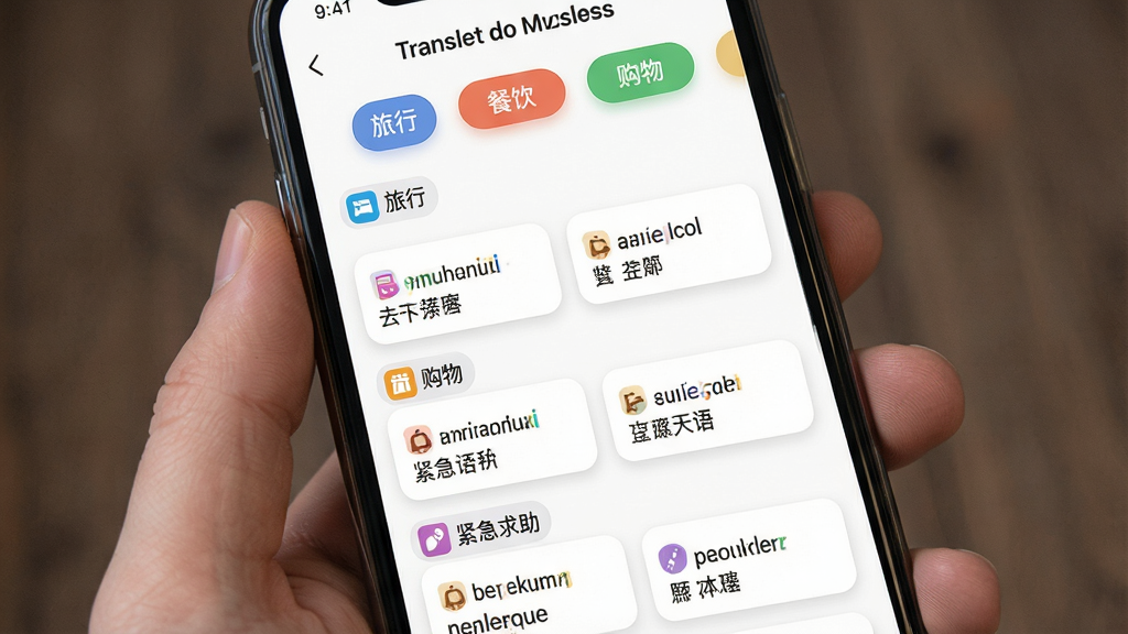 一张法语翻译通常用短语分类界面图,画面为手机屏幕截图风格,屏幕上显示法语翻译通短语库页面,包含旅行、餐饮、购物、紧急求助等分类标签,每个标签下有若干法语短语卡片与中文释义,背景为白色卡片式布局,风格整洁有序,细节包含彩色分类图标与圆角卡片,画质高清干净无多余元素