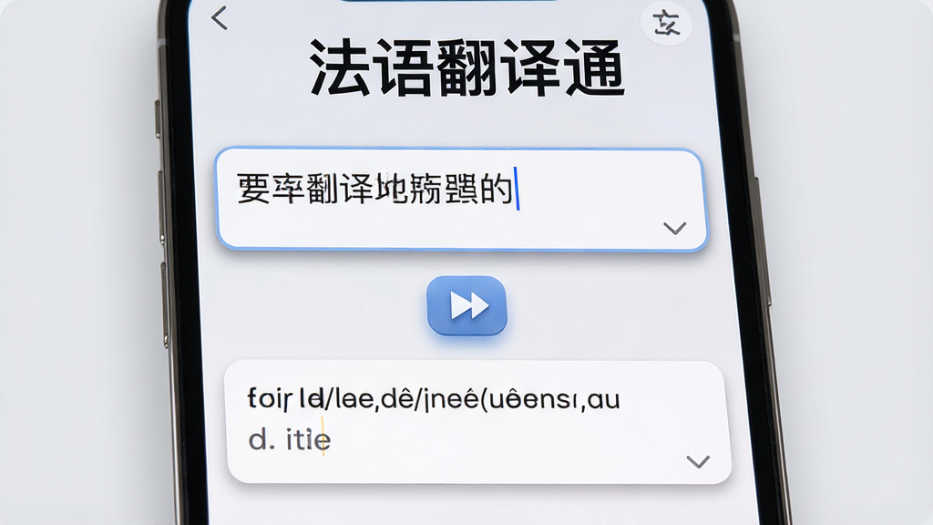 一张法语翻译通中法互译功能展示图,画面主体为手机屏幕特写,屏幕上半部分显示中文输入框,下半部分显示法语译文输出框,中间有翻译转换箭头图标,屏幕上方标注法语翻译通字样,背景为柔和浅灰色,风格简约科技感,细节包含清晰的文字排版与按钮阴影,画质高清干净无多余元素