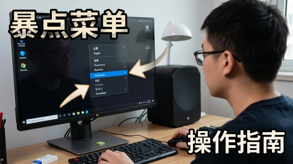 一张展示电脑屏幕前用户正在按照教程操作右键菜单设置的场景图,画面中有清晰的步骤指示箭头,风格为写实教学风,细节丰富,画质干净,图片中带有文字“暴点菜单”和“操作指南”