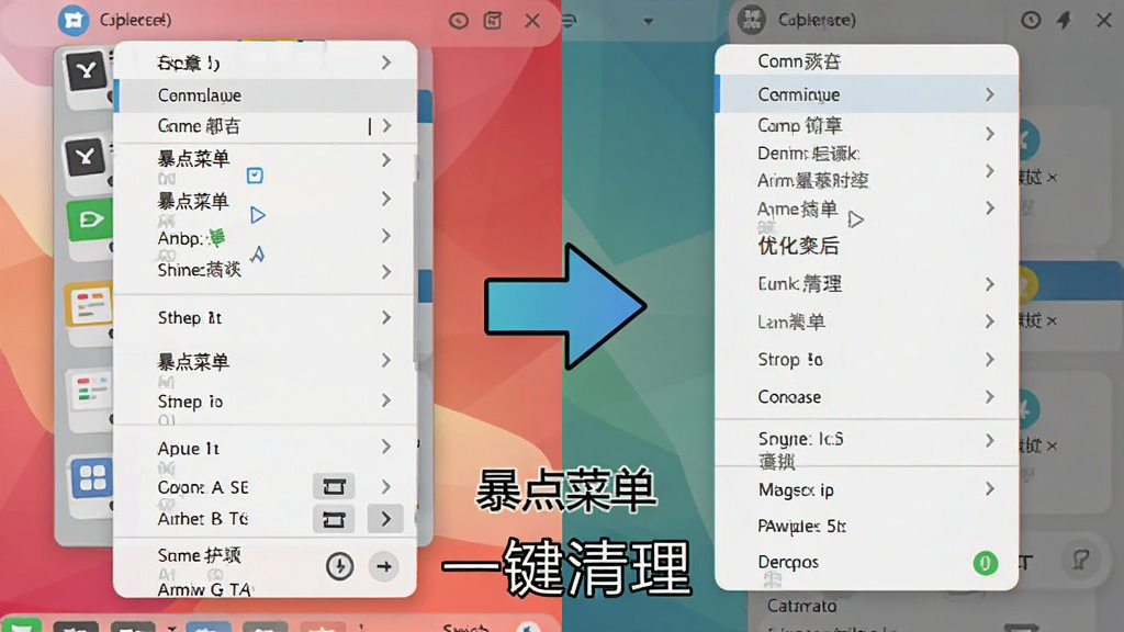 一张对比示意图,左侧是杂乱无章的右键菜单列表,右侧是经过整理后简洁明了的菜单列表,中间有一个箭头表示优化过程,风格为扁平化设计,色彩对比鲜明,画质干净,图片中带有文字“暴点菜单”和“一键清理”