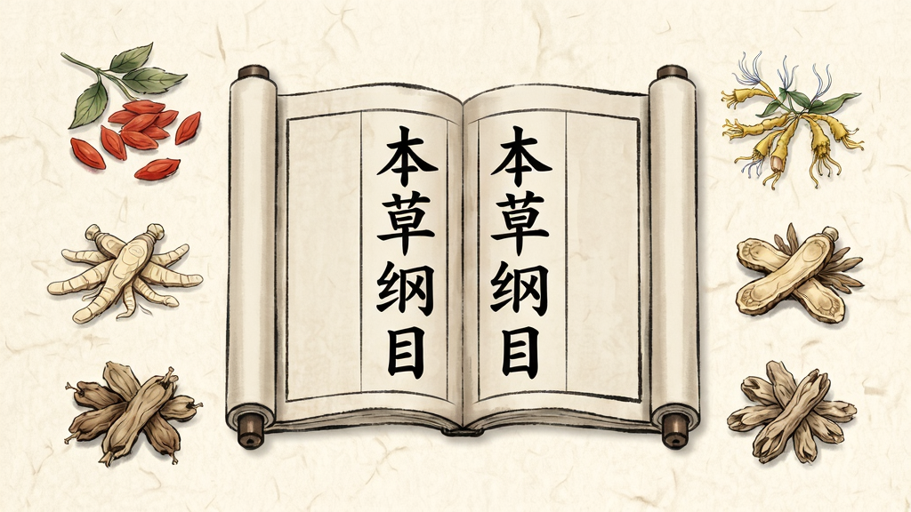 画面中央摆放一本摊开的古籍书卷,书页上竖排书写着“本草纲目”四个大字,周围散落着枸杞、黄芪、金银花、甘草等干燥中药材,背景是淡雅的米黄色宣纸纹理,整体采用中国风水墨插画风格,布局居中对称,细节精致,画质清晰,干净无多余元素