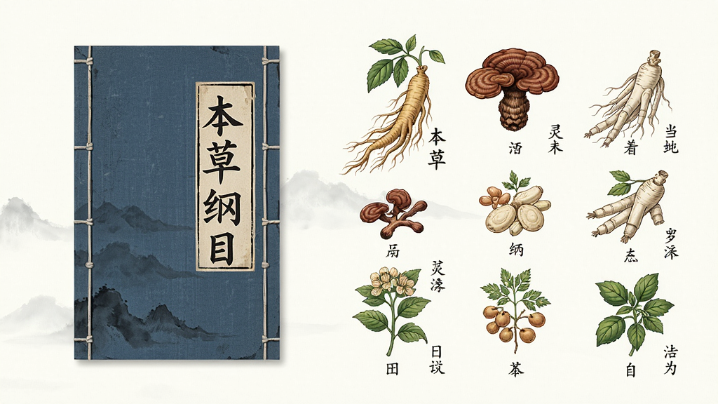 一幅中国风插画,画面左侧是一本立着的线装古书,封面上写“本草纲目”,右侧是排列整齐的草药图谱,包括人参、灵芝、当归等,每种草药旁边标注名称,整体布局左右均衡,风格清新雅致,细节丰富,画质高清,背景干净
